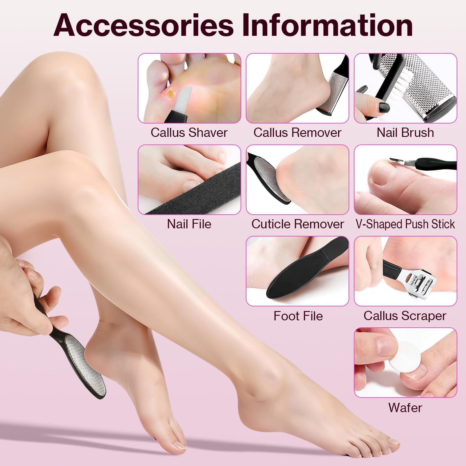 Rapeuse Pieds Electrique,14 en 1 Kit de Ponceuse Pieds et Lime Ongles,9 Vitessesavec,Ponceuse Pied Rechargeable 2000 mAh avec 40 feuilles et 20 Cercle de sable,Pour Pédicure, Callosités (Rose)