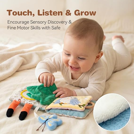 Macabaka Montessori Soft Baby Book - Sensory Book for Babies 0-12 Months with Crinkle Paper, Touch & Feel Textures, Baby Safe Mirror & Teether. Educational Infant Toys for Tummy Time, Newborn