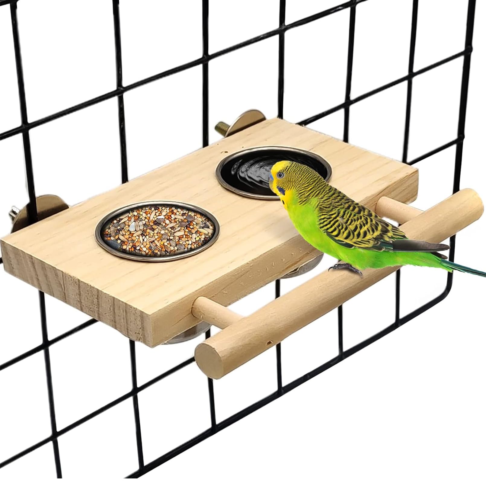 Tfwadmx Bird Feeding Dish Cups with Wooden Platform Hanging Stainless Steel Parrot Cage Feeder Bowl Wood Perch Stand for Parakeet Cockatiels Lovebirds Budgie (Small)