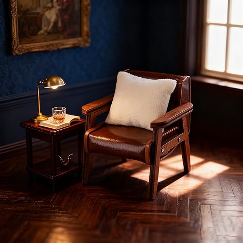 Vista 4 de 1:12 Dollhouse Couch Furniture Set, 3pcs Dollhouse Living Room Set，Wooden and Leather Armchair ，White Pillow and Beige Round Blanket, Accessories