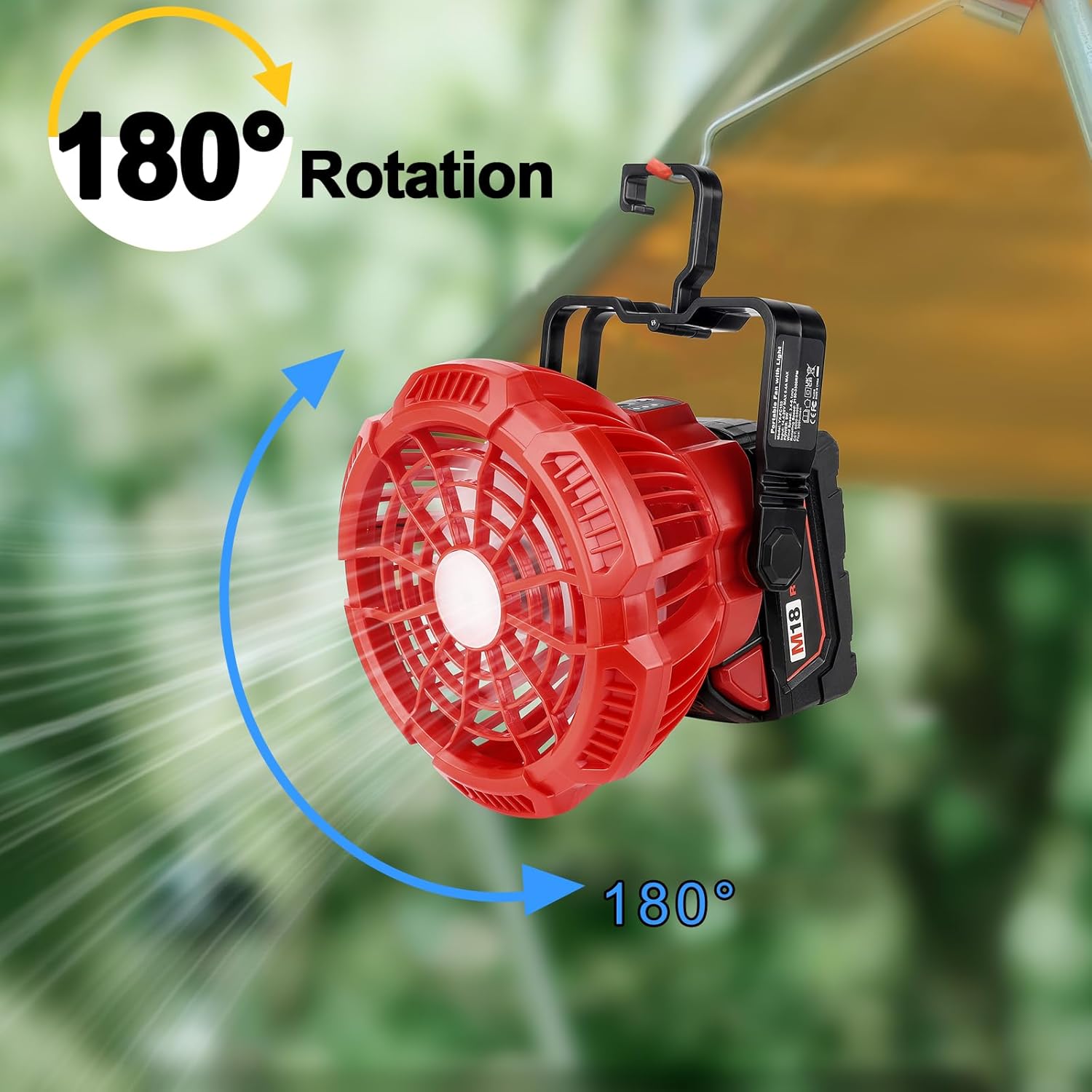 Portable Camping Fan with LED Lantern Compatible wtih Milwaukee 18V M18 Battery Operated Fan with Remote Control, Small Outdoor Fan with Hook for Tent Ceiling Canopy(Battery Not Included)
