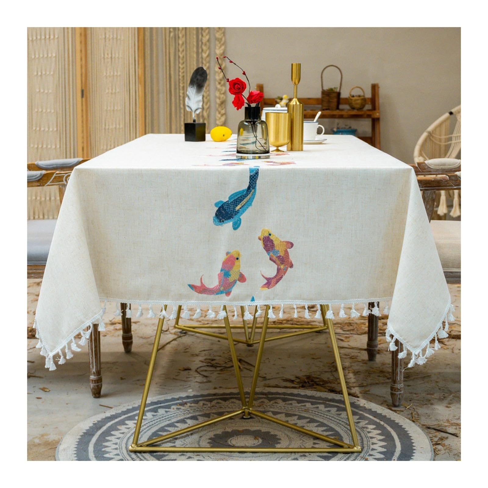 Nappe de table rose bleu en coton lin avec broderie raffinée