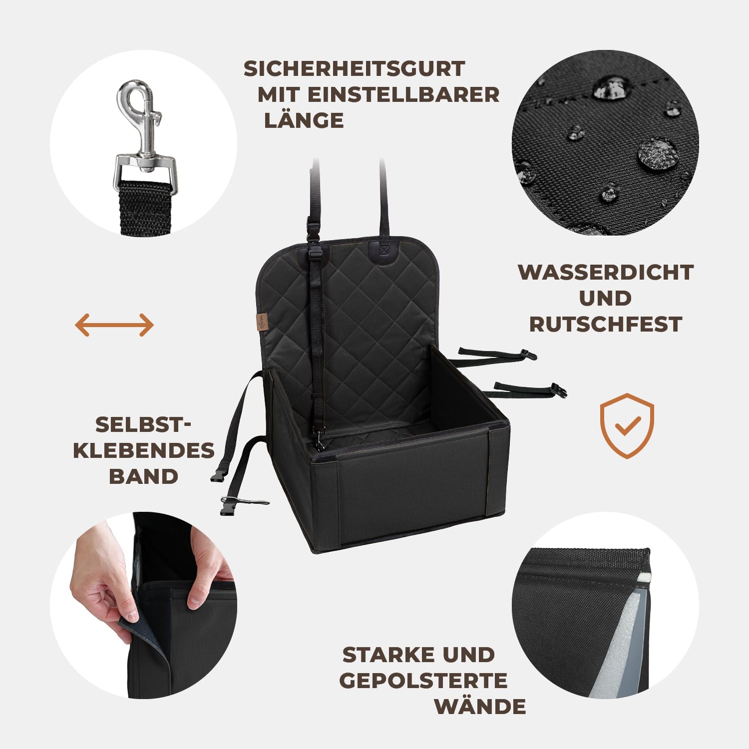 WUGLO Extra Stabiler Hunde Autositz – Hochwertiger Auto Hundesitz für kleine Hunde bis 12 kg – Verstärkte Wände und 3 Gurte – Wasserdichter Hundeautositz für Rück- und Vordersitz