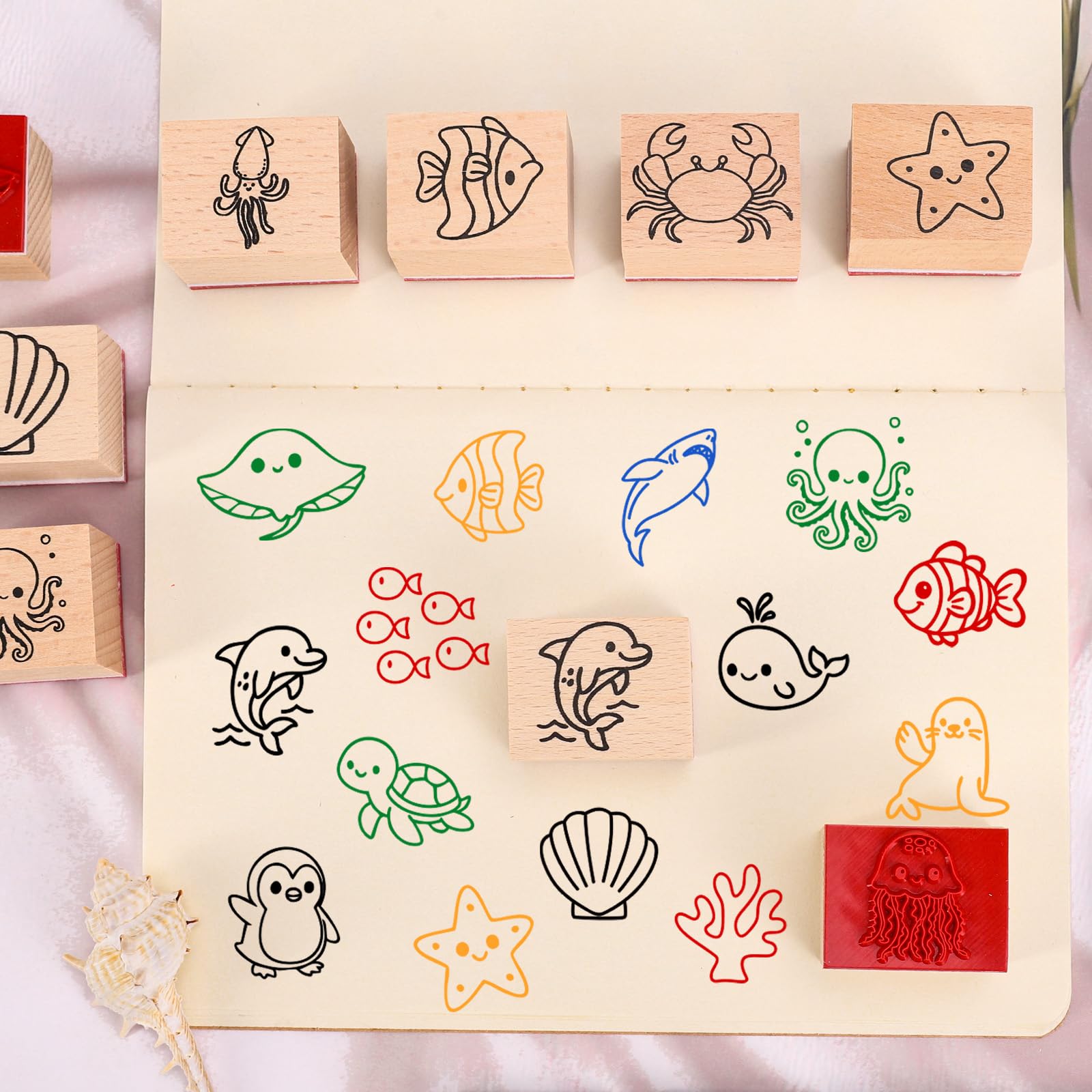 Whaline Gummistempel aus Holz, Motiv: Ozean-Tiere, mit Stempelkissen, Cartoon-Unterwasserleben, Bastelstempel für Party-Dekoration, Scrapbooking, Kartenherstellung, 29 Stück