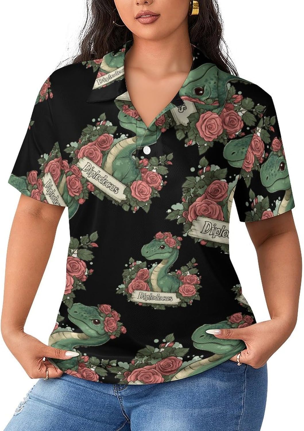 Dinosaur Diplodocus Womens Golf Polo Shirts Summer Short Sleeve Collared 3 Buttons T Shirt Activewear Tops