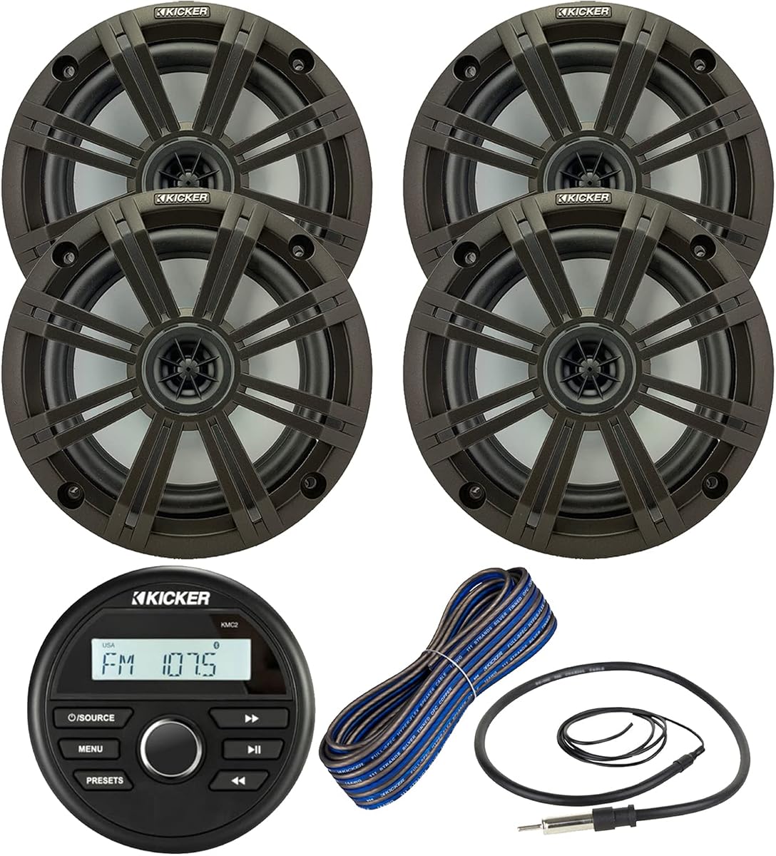 Kicker - Receptor estéreo USB Bluetooth estilo calibre marino para todo tipo de clima, combo con 2 pares (cantidad 4) altavoces marinos coaxiales de 6,5 pulgadas, 2 vías, 195 W máx. con rejillas de carbón, cable de calibre 16 de 50 pies, antena de 22 pulgadas