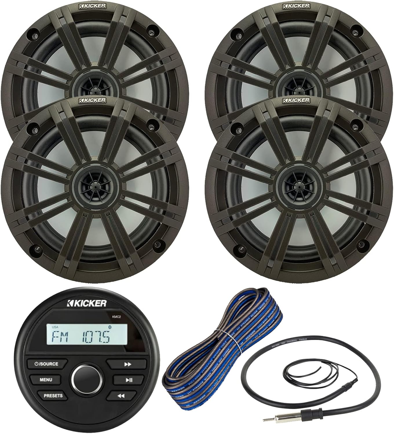 Kicker All-Weather Marine Gauge Style Bluetooth USB Stereo Receiver Bundle Combo with 2 Pair (Qty 4) 6.5" 2-Way 195W Max Coaxial Marine Speakers w/Charcoal Grilles, 50-Ft 16-Gauge Wire, 22" Antenna