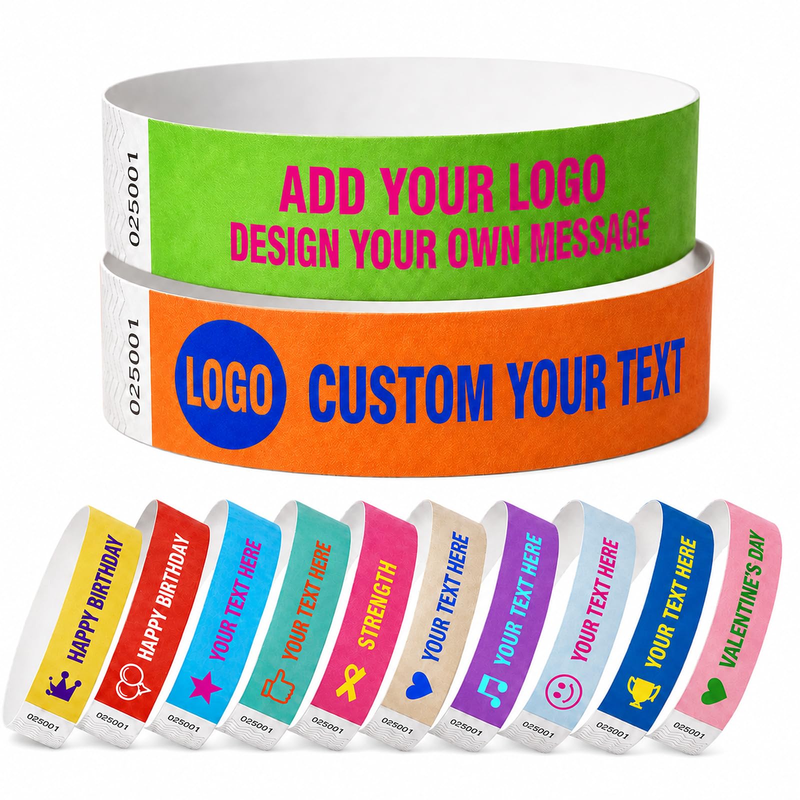 100 to 50000 pcs Custom Wristbands for Events - Personalized Colored Paper Wristbands with Logo, Text &amp; Design - Waterproof 10-Inch Paper Wrist Bands- for Concerts, Festivals, Parties, Weddings