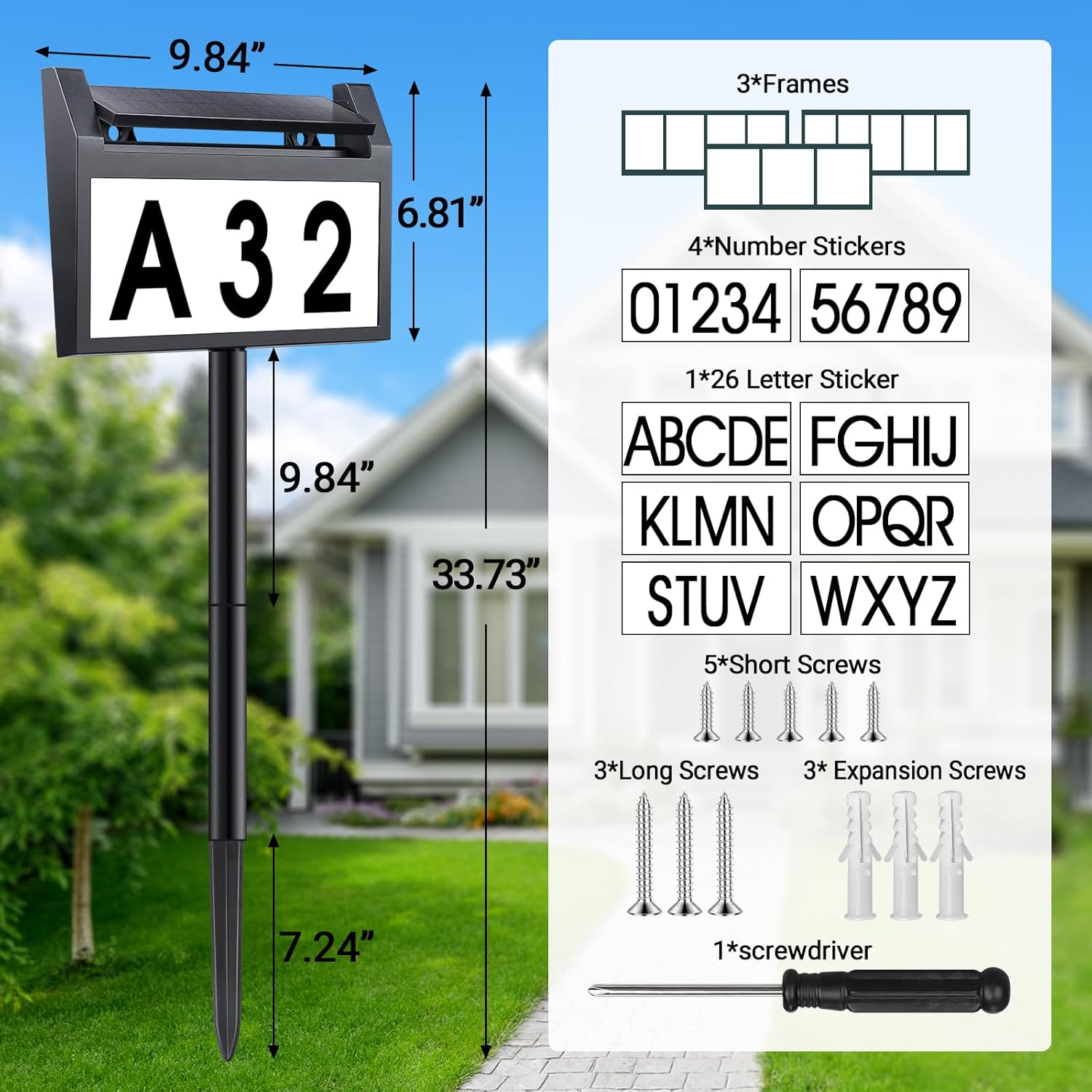 Solar House Number Sign, deerdance LED Illuminated Outdoor Address Plaque with Smart Control, 3-Color in 1 Waterproof Solar Powered House Number Light with Stakes for Outside Home, Yard, Street, House
