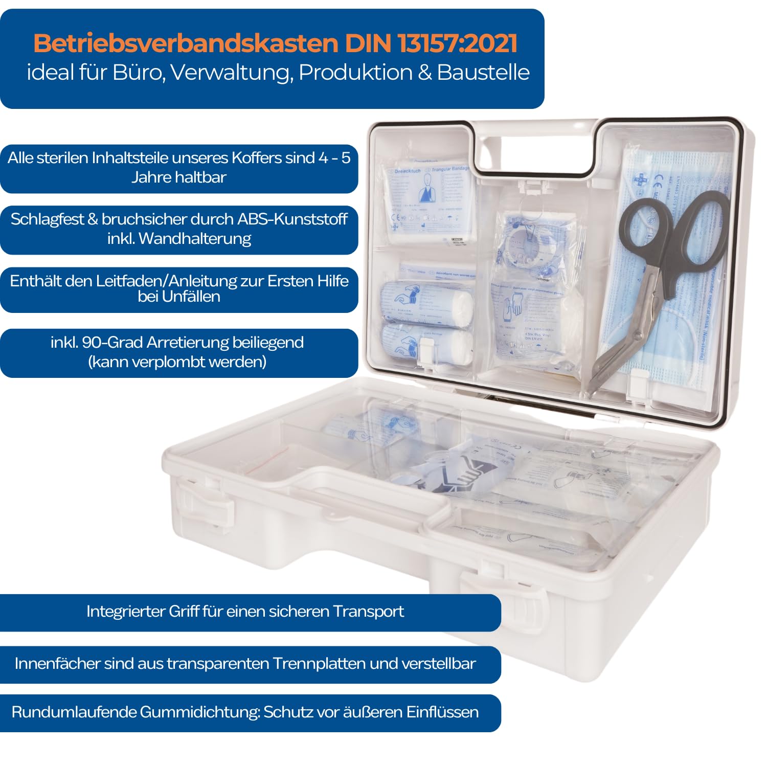 First Aid Products | Erste Hilfe Kasten MEDIUM Weiß | Inkl. DIN 13157:2021 Füllung 85-teilig | ABS-Kunststoff, Bruchsicher & Schlagfest | Wandhalterung & Schrauben | für Büro, Betrieb, Haushalt