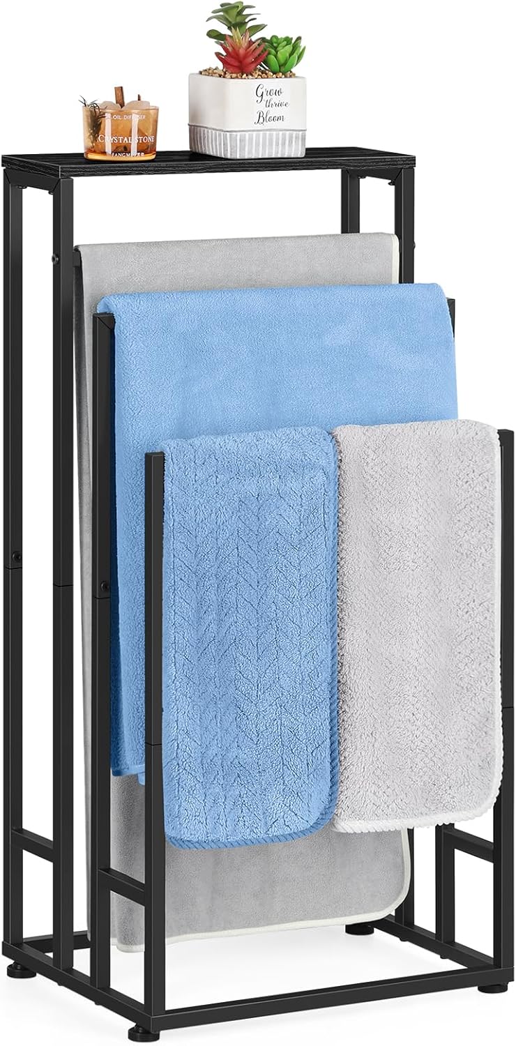 Freestanding Towel Rack 3 Tier Towel Drying Rack for Bathroom Standing Hand Towel Holder Black Towel Rack Stand with Storage Shelf for College Dorm Pool Side (Black)