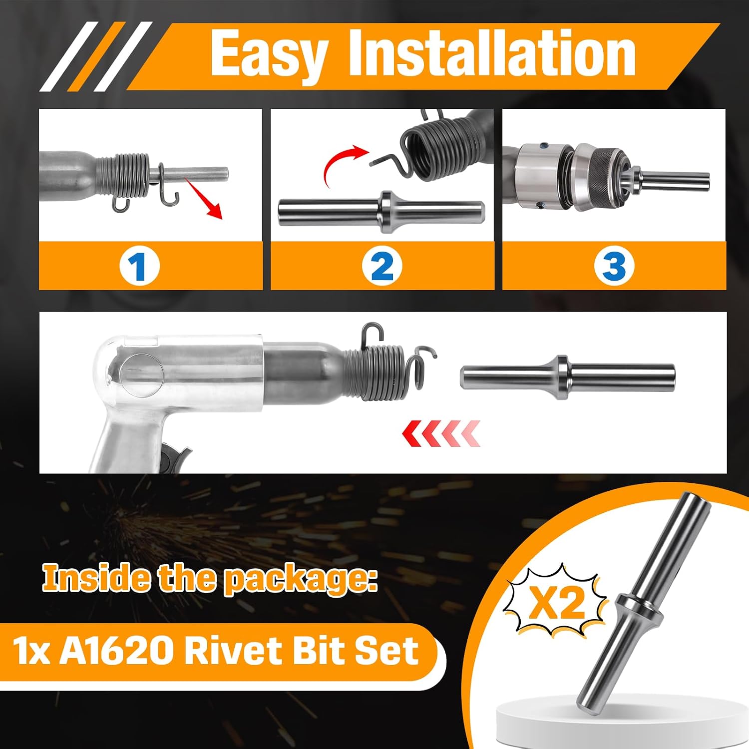 2 Pack A1620 Pneumatic Air Hammer Rivet Bit Set, Solid Rivet Tool Kit for 3/16" Universal, Dome & Brazier Head Rivets, Fits .401" Shank Air Rivet Gun, Aluminum & Steel Applications