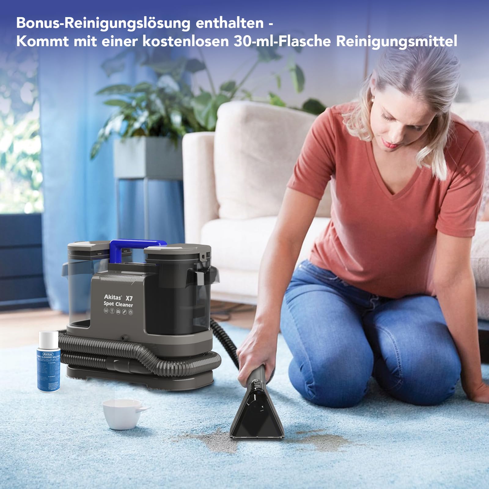 Akitas X7 600W Waschsauger, Polsterreiniger Gerät, 2-Tank Nasssauger, Selbstreinigung, Leicht für Tierflecken auf Sofas & Autositzen,Kompakt & Tragbar