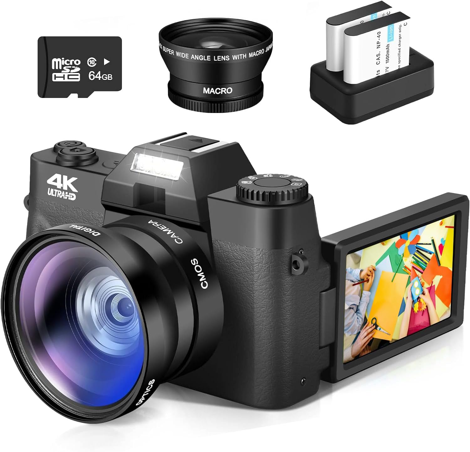 Exrp Digital Cameras for Photography, 4K 48MP Vlogging Camera with WiFi,16X Digital Zoom Autofocus Students Compact Camera with 52mm Wide-Angle Lens & Macro Lens, 32G Micro Card and 2 Batteries