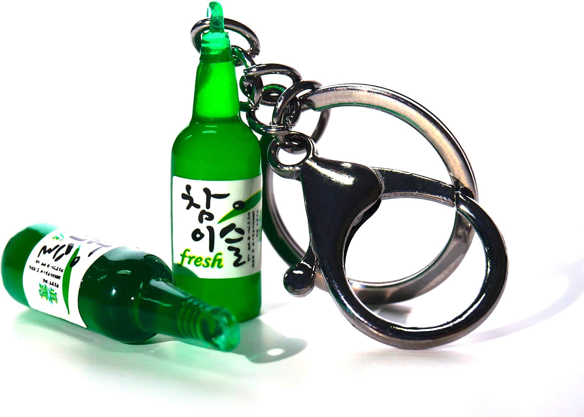 Korean Green Soju Bottle Keychain Keyring Miniature Gift with 1 Free Spare