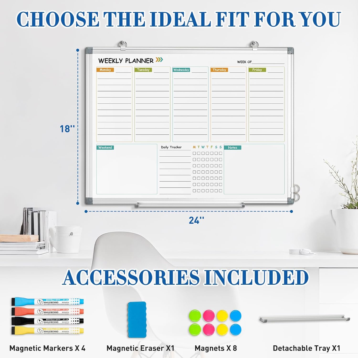 WALGLASS Weekly Dry Erase Calendar Whiteboard for Wall, 24" x 18" Double-Sided Weekly Planner White Board with Notes, Daily Tracker, Aluminum Framed Hanging & Wall Mount for Home, Office, School