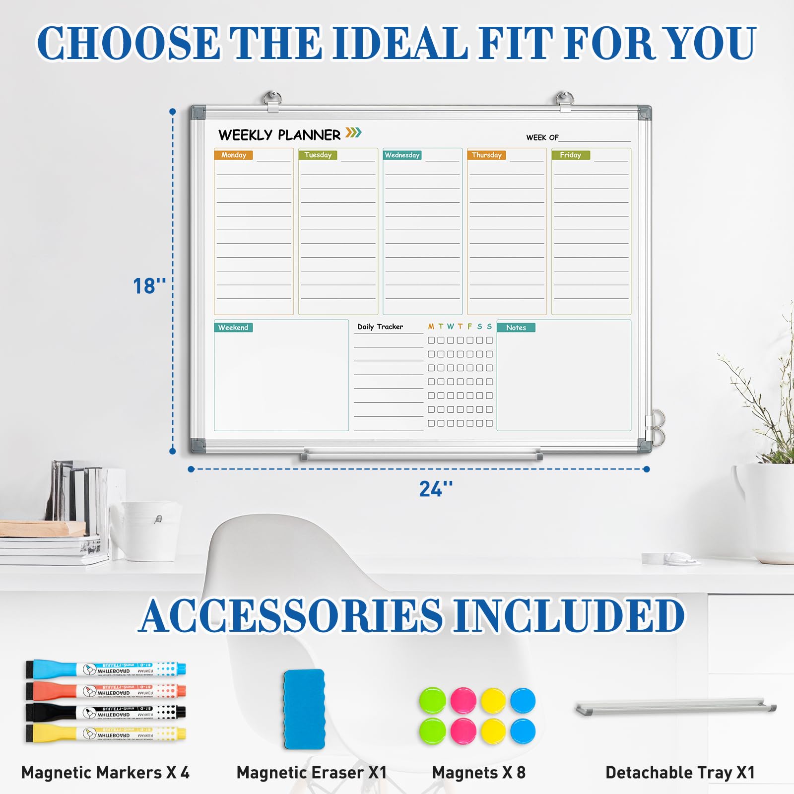 WALGLASS Calendrier hebdomadaire effaçable à sec pour mur, 61 x 45,7 cm, planificateur hebdomadaire double face avec notes, suivi quotidien, cadre en aluminium à suspendre et support mural pour la