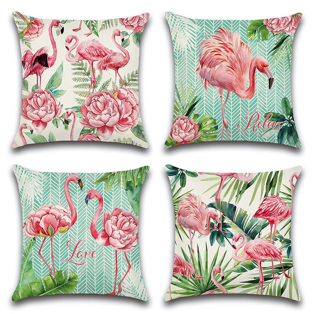 Artscope Imperméable Housse de Coussin, Lot de 4 Extérieur Flamant et Fleurs Roses Canapé Taie d'oreiller pour Patio Jardin Salon Chambre Décoration, 45x45cm