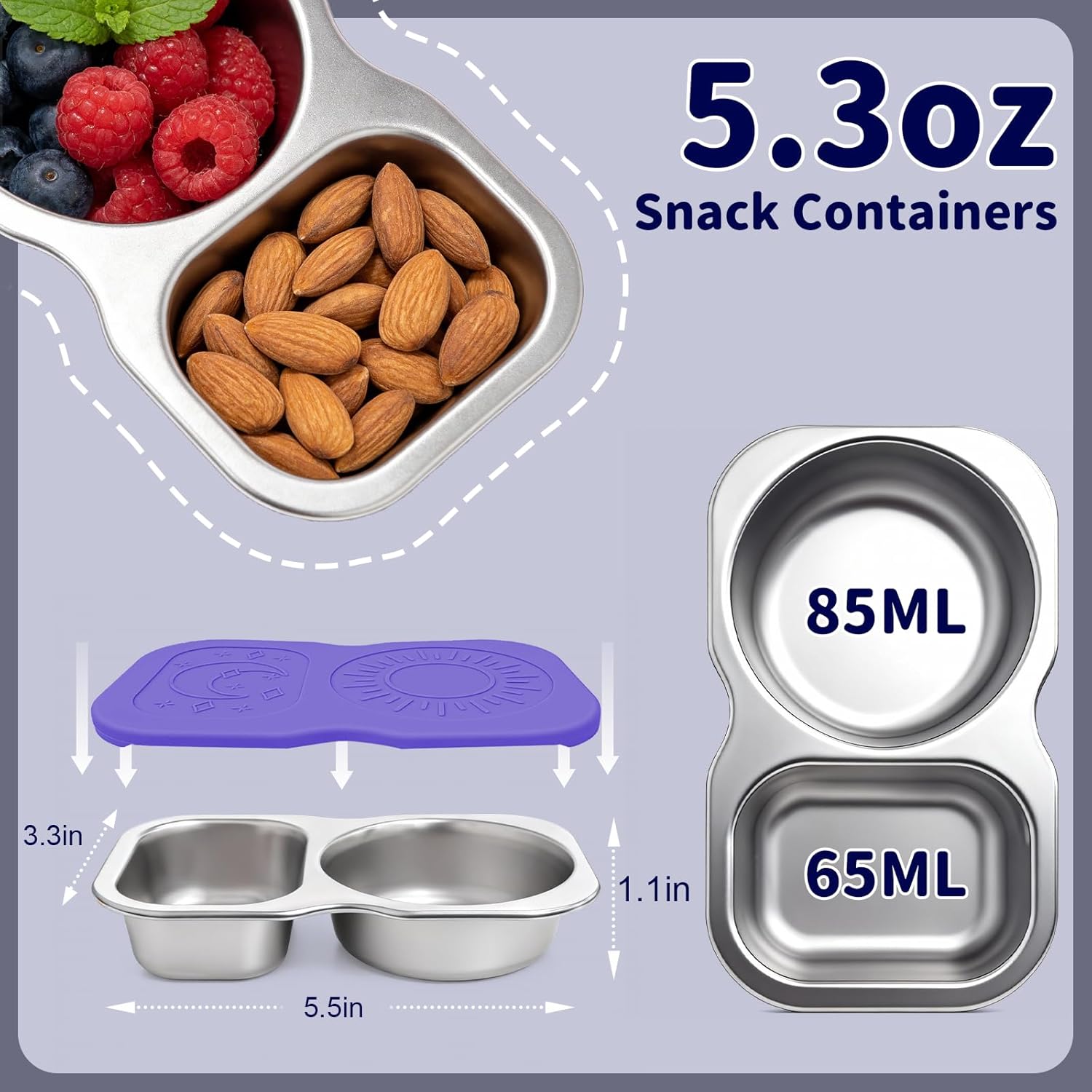 QCQHDU Snack Containers, 2-Compartment Small Stainless Steel Reusable Snack Boxes for Portion Control, Meal Prep Lunch Food Sauce Storage Lunchable Accessories Salad Dressing Containers to Go, 2 Pack - Image 3