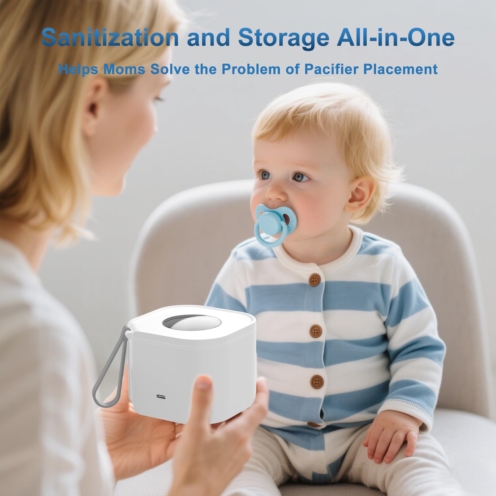 Zyntieu Portable Pacifier Sanitizer, UV Light Sanitizer Box, 99.99% Cleaned in 3 Minutes, 90 Disinfection Cycles, USB Rechargeable, Baby Pacifier Sanitizer On The Go (Square White)