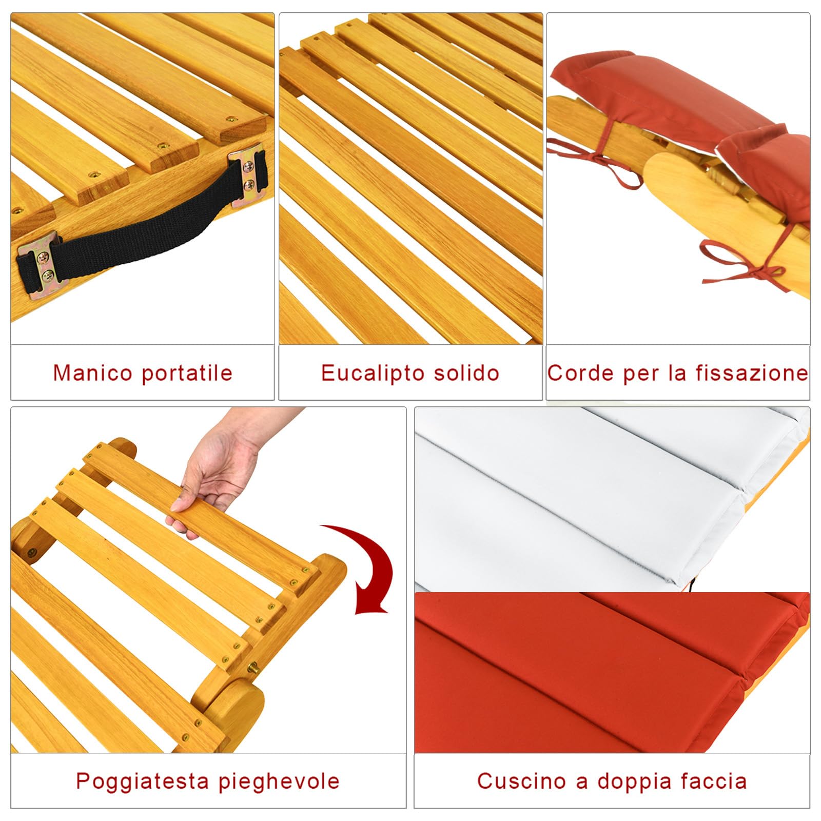 COSTWAY Lettino Prendisole Pieghevole per Giardino, Sedia a Sdraio Pieghevole da Esterno in Legno, Lettino da Esterno con Cuscino per Giardino, Prato, Cortile, Portata 180 kg, 190 x 55 x 52 cm (1)