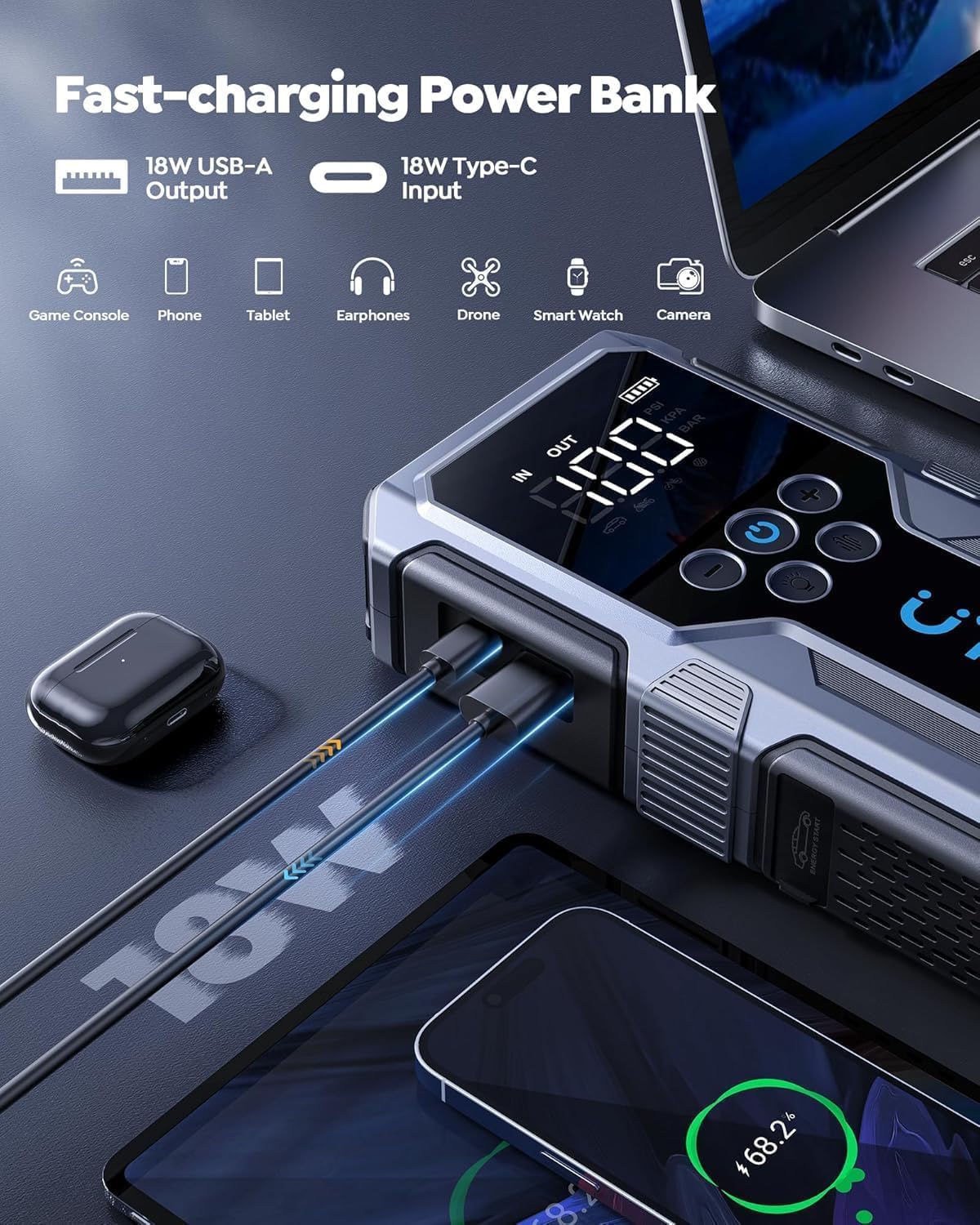 Arrancador de Baterías de Coche con Compresor de Air,UTRAI Arrancador de Coches(9L Gasolina o 7.5L Diesel)con 18W Carga Rápida,Pinzas de arranque forzado,5000A Jump Starter,Linterna LED Salida