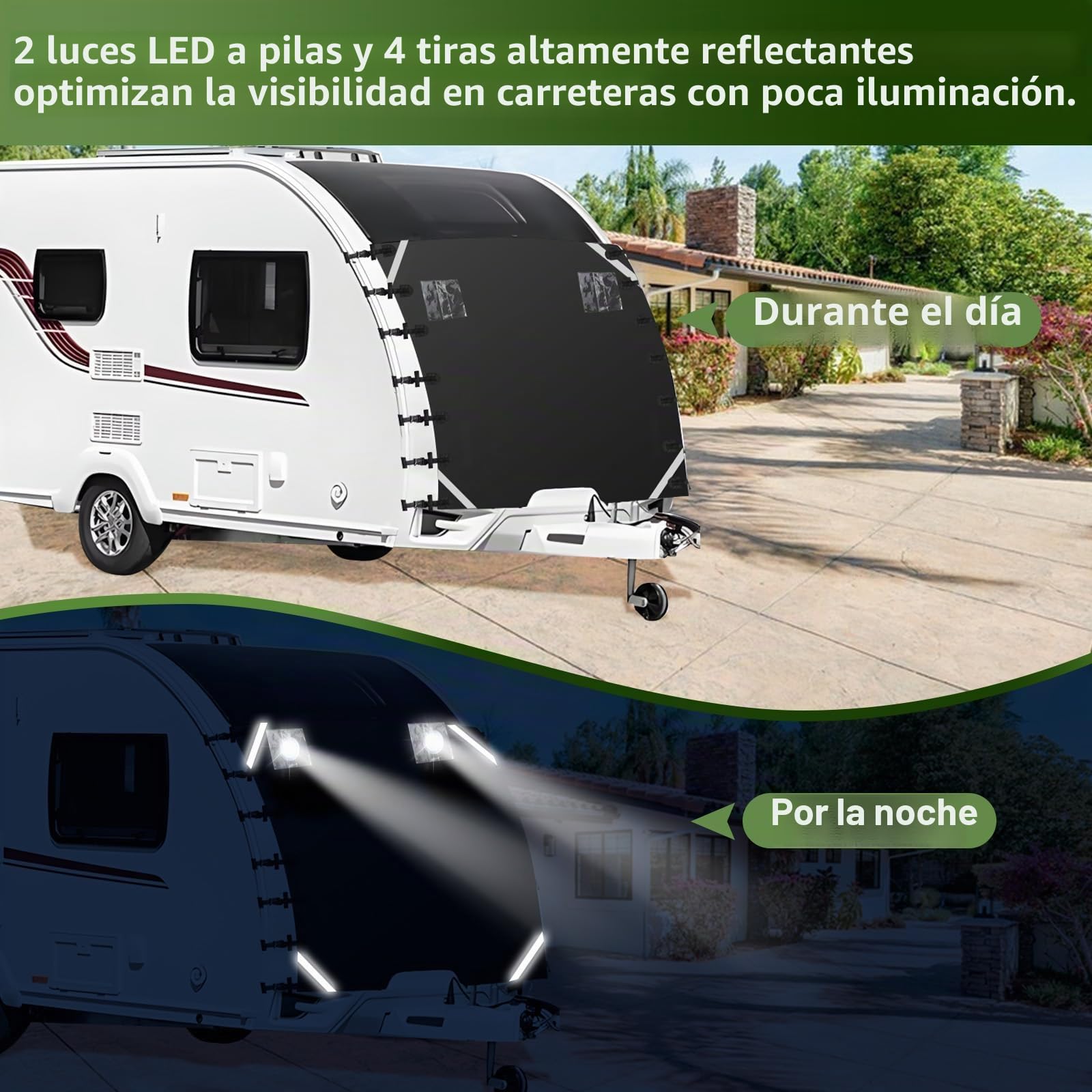 Fundas protectoras frontales universales para caravana para remolque con 2 luces LED, 220x180cm, tela Oxford impermeable, accesorios de cubierta de viaje con tiras reflectantes, bolsa de