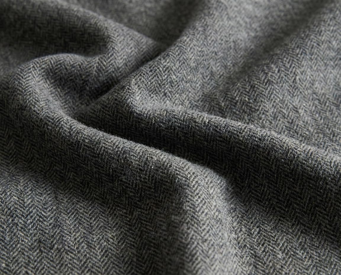 FIA Soft and Warm Irish Wool Plaid Scarf for Men, 12" Wide X 60" Long, Hazel Grey Charcoal Herringbone