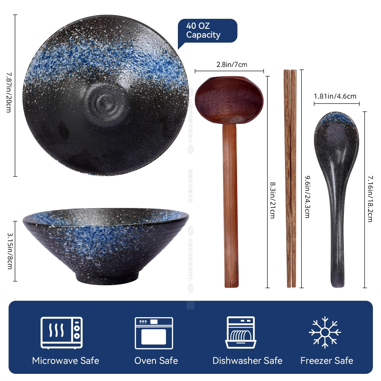 Set Ciotola Ramen in Ceramica 2×1000ML 34oz Ciotola di Pasta Giapponesi,7 Pezzi Ciotole Giapponesi per Ramen per Spaghetti Zuppa di Insalata Snack Bowl Regali per Uomini Donne di Casa
