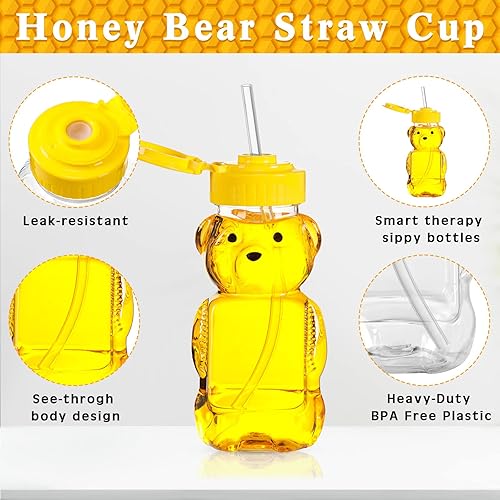 Miniatura 4 de Paquete de 32 vasos de paja de oso de miel de 6 onzas con 32 pajitas largas de plástico, recipientes de miel vacíos con pajita, botellas de miel