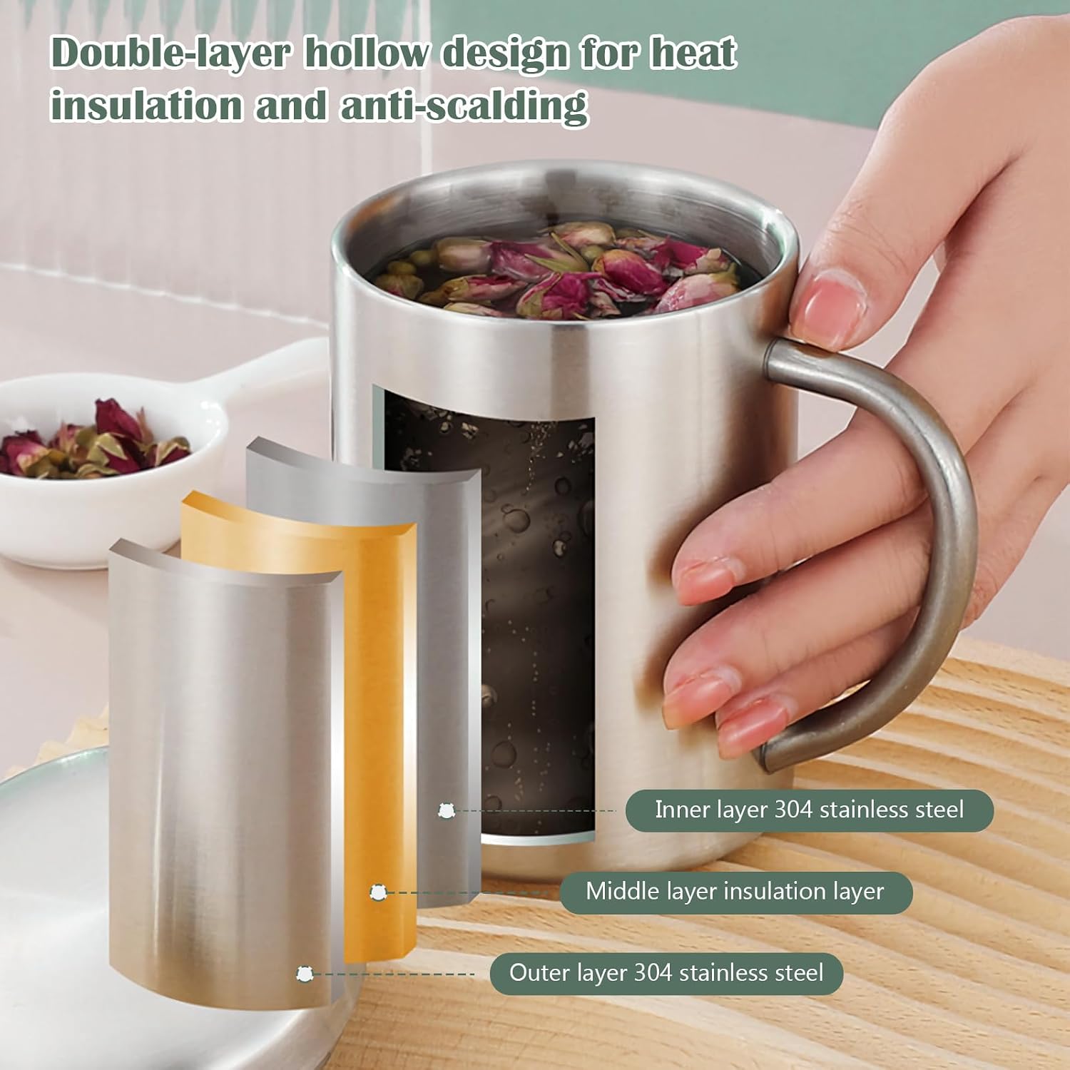 Stainless Steel Cups & Mugs,Metal Mugs 500ml 400ml 300ml 200ml - Insulated Coffee & Tea Cup with Lid and Handle for Camping and Everyday Use Double wall vacuum leakproof (silver, 500ml) image 3