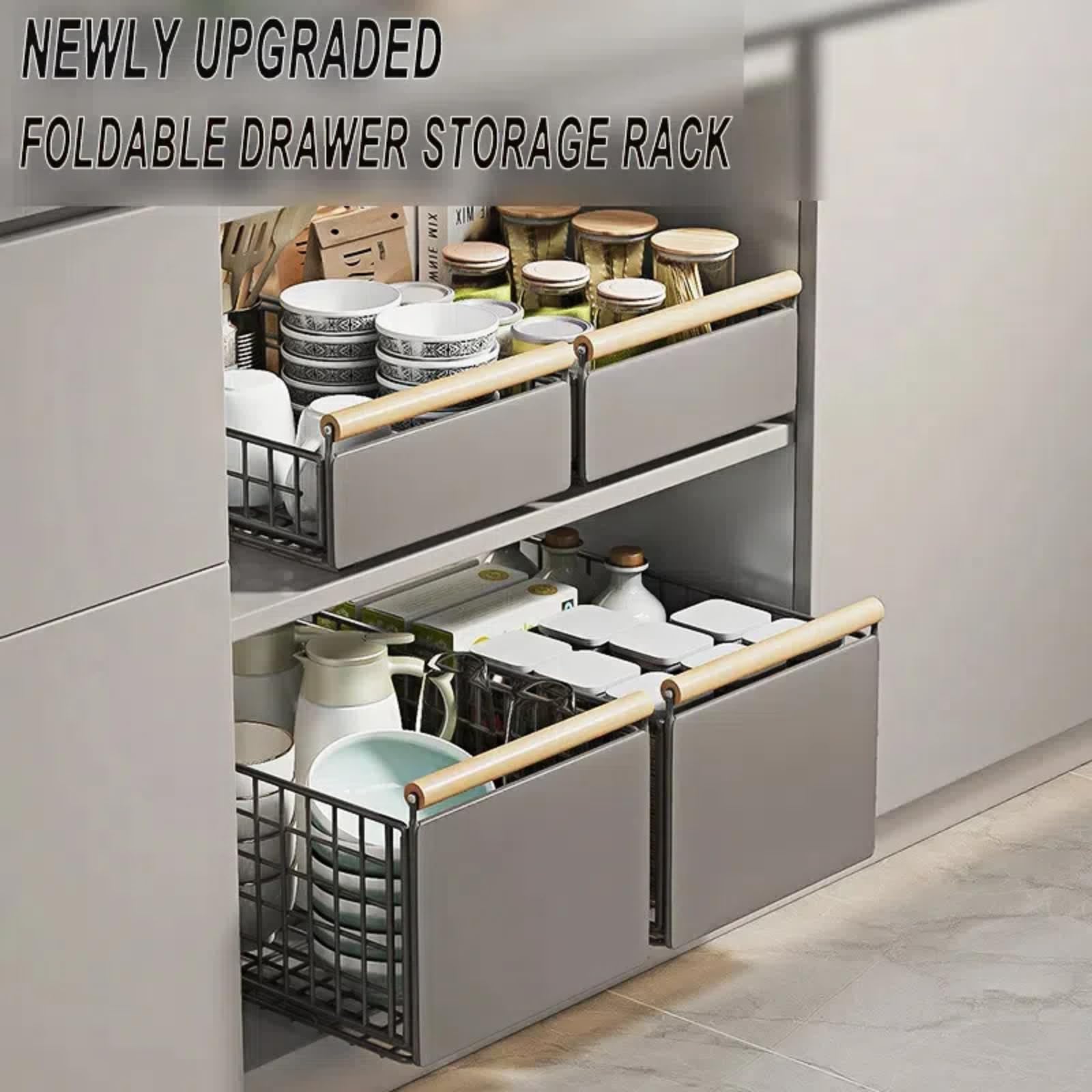Cassetto Estraibile Telescopico per Mobile da Cucina – Organizer Senza Foratura con Manico in Legno Guide Scorrevoli e Nastro Adesivo – 39,5×23,5×19,5 cm per Detergenti Padelle Spezie