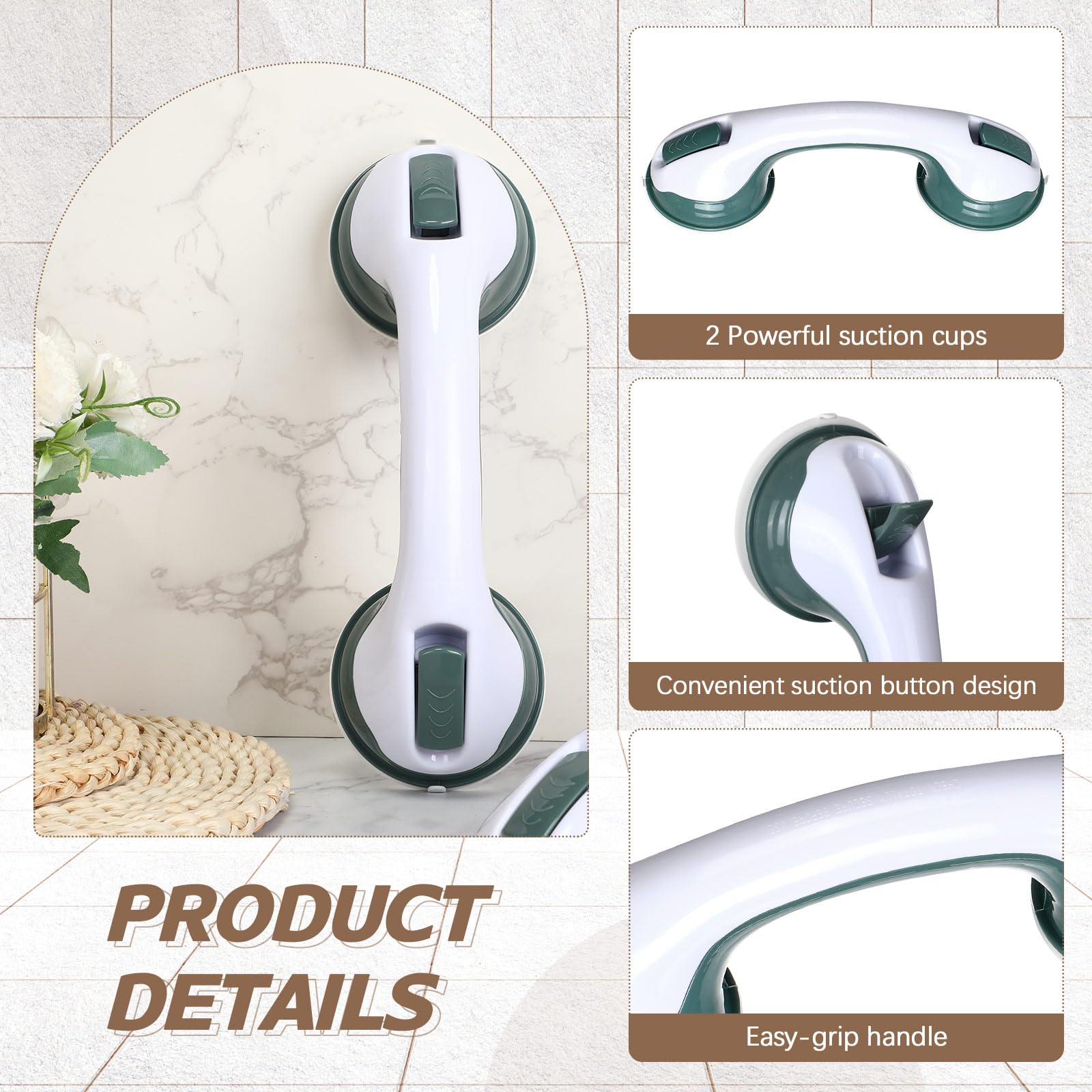 Confezione da 4 barre di sostegno per vasche da bagno e docce, 30,5 cm, per anziani, con ventosa, antiscivolo, barre di sicurezza per disabili anziani (verde, grigio)