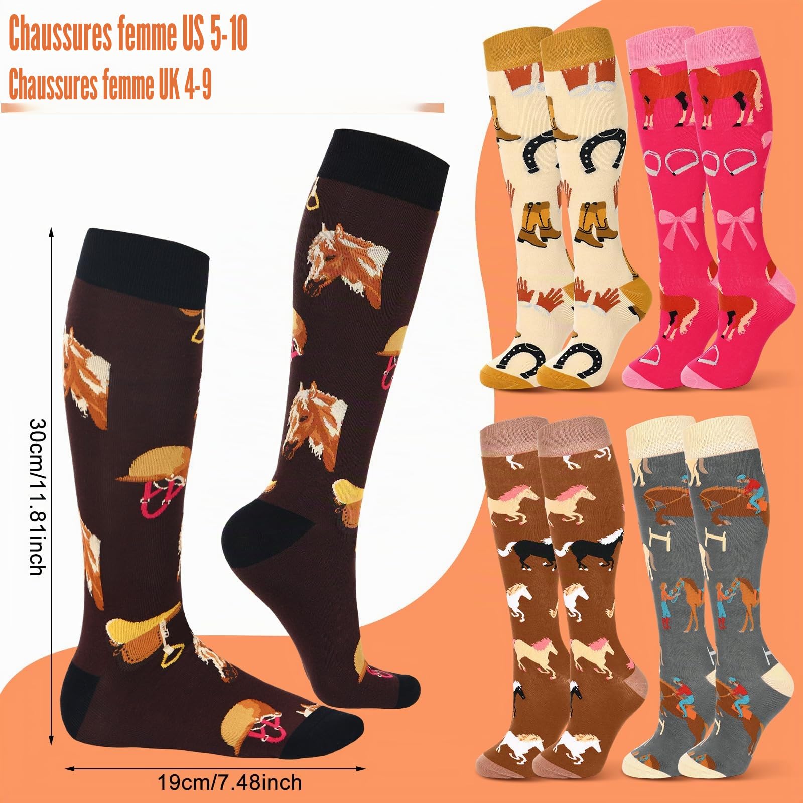 Sintege 5 Paires de Chaussettes d'Équitation pour Femme Chaussettes d'Équitation Longues Mi-Bas Colorés à Motifs Animaliers Cadeau Amusant pour Amoureux des Chevaux et Cavalières