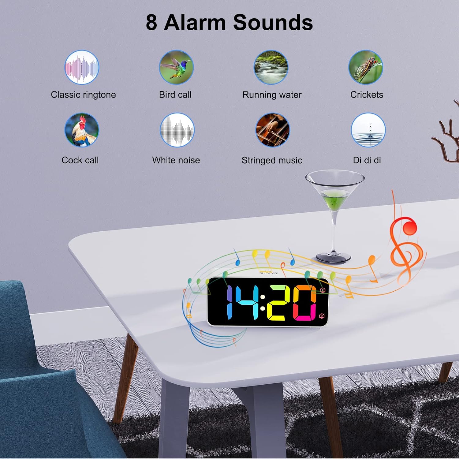 Display showing 8 different alarm sounds available