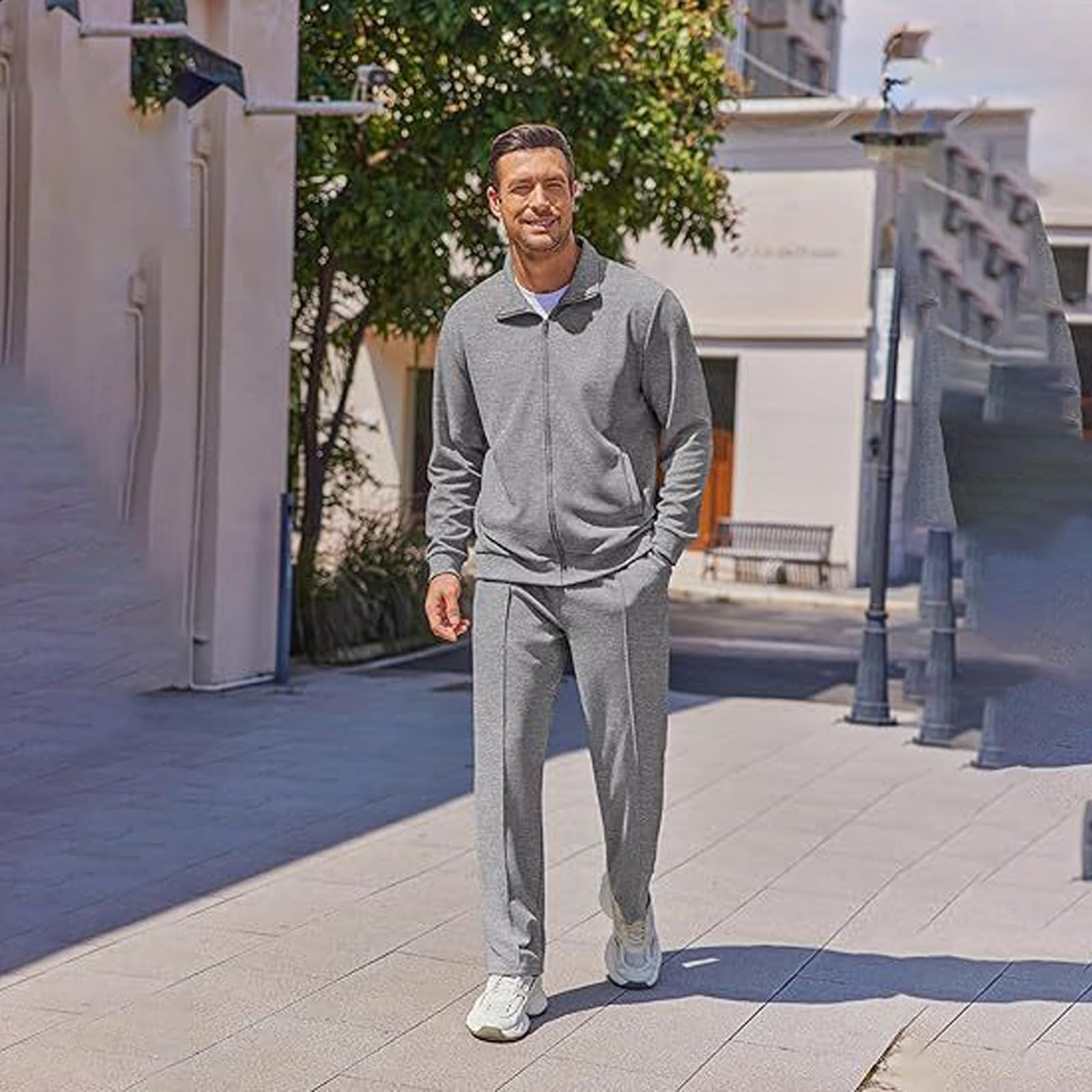 Tuta da uomo per il tempo libero, comoda, da jogging, in tinta unita, con chiusura lampo, polo e vestibilità regolare, per il tempo libero