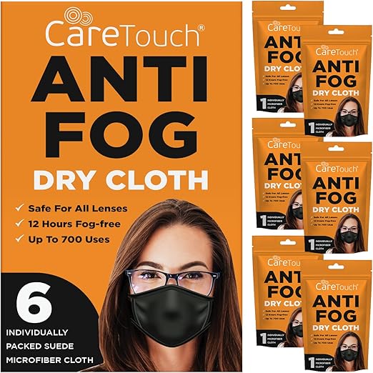 Care Touch Anti-Fog Dry Cloth - Anti Fog Wipes for Glasses - Individually Wrapped Suede Microfiber Cloth - Safe for All Lenses - 24-Hours Fog Free - Care Touch Lens Wipes - Eyeglass Cloth for Cleaning