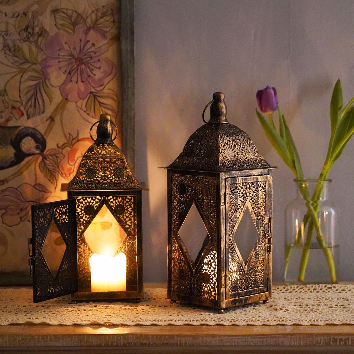 2 Pack Moroccan Lantern Lamp Decorative Candle Holders for Ramadan Decorations, Hanging, Outdoor Patio or Porch, Indoor Home Decor