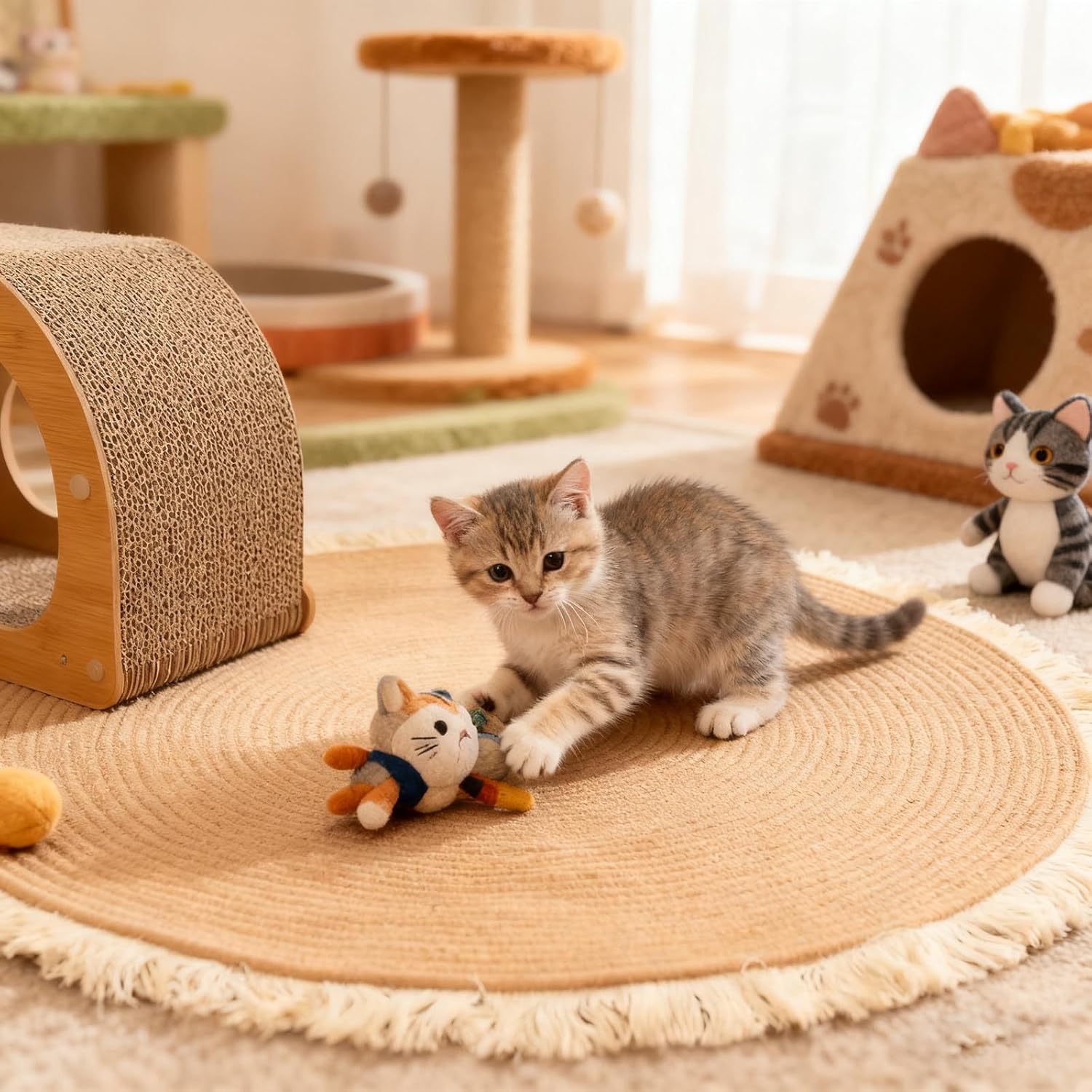 Cotton Rope Area Rug for Cats, Cat Scratching Rug, Washable Round Vintage Reversible Woven Tassel Rug, Soft and Stylish Home Accent, Easy Clean, Multiple Sizes