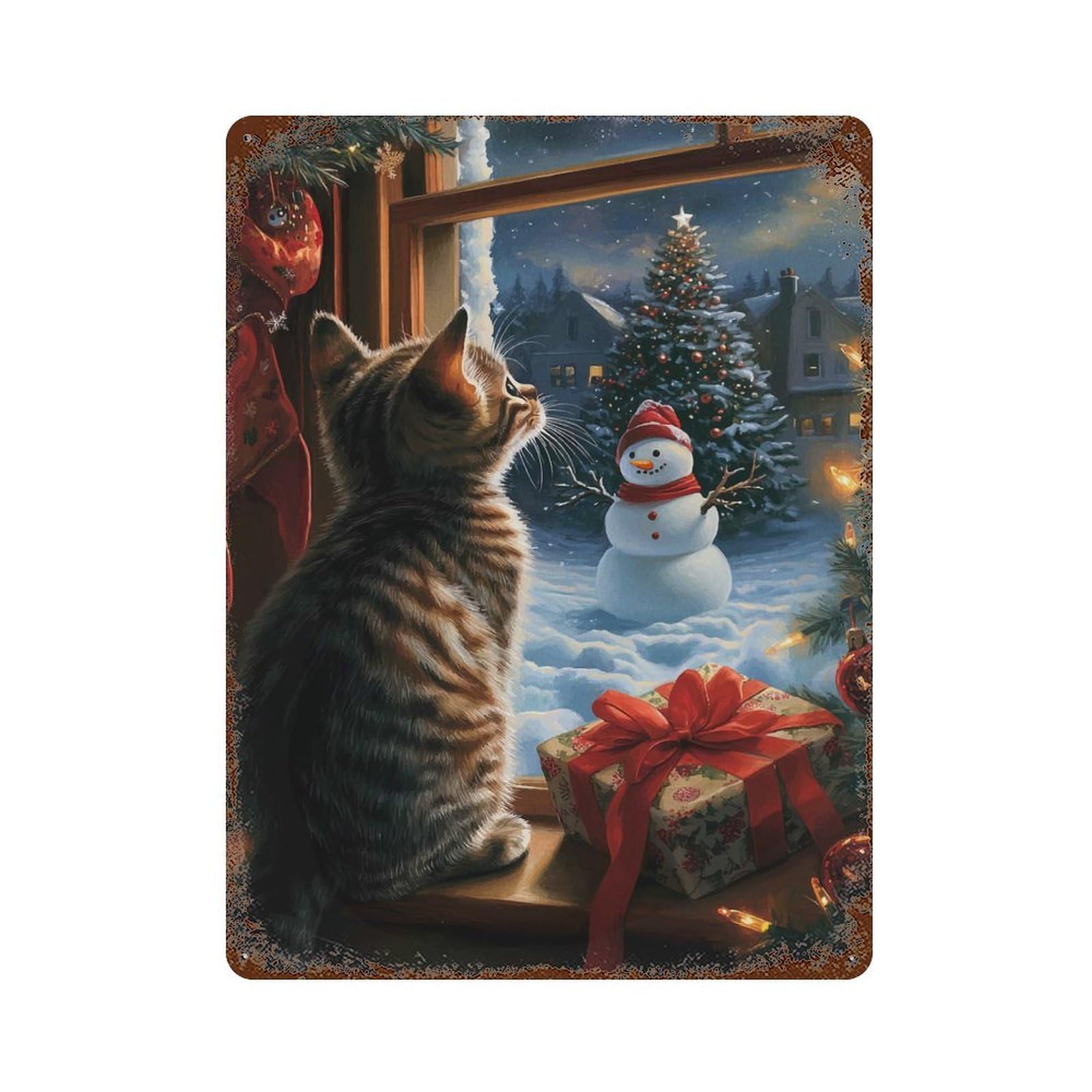 Rust Effect Kitten Watching Christmas Decorative Tin Sign 15.7"x11.8", Farmhouse Wall Decor for Patio, Garden Room And Bar Decor