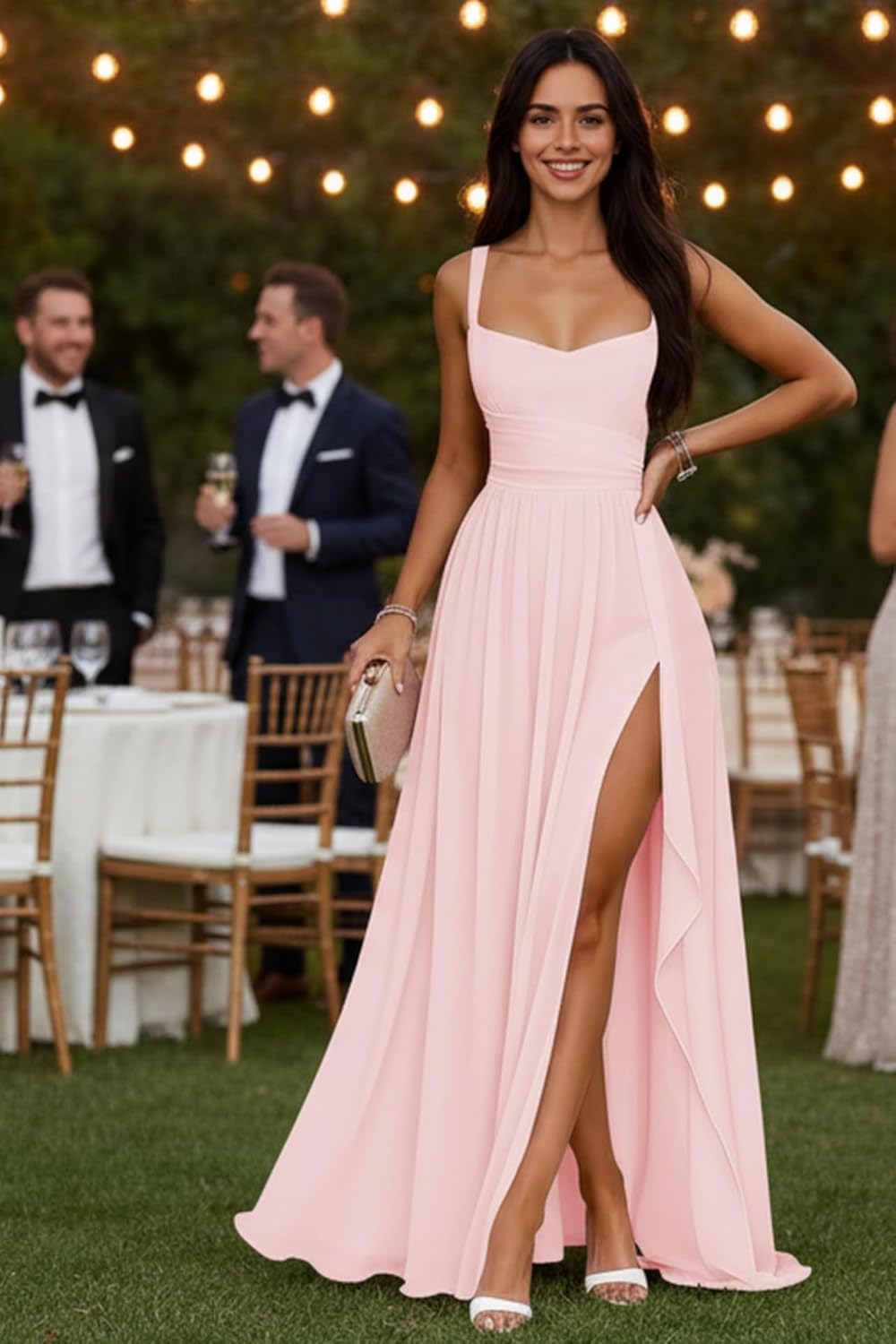 Chiffon Bridesmaid Dress Long 2026 Spaghetti Straps Evening Dresses for Women Empire Waist Slit Formal Dress