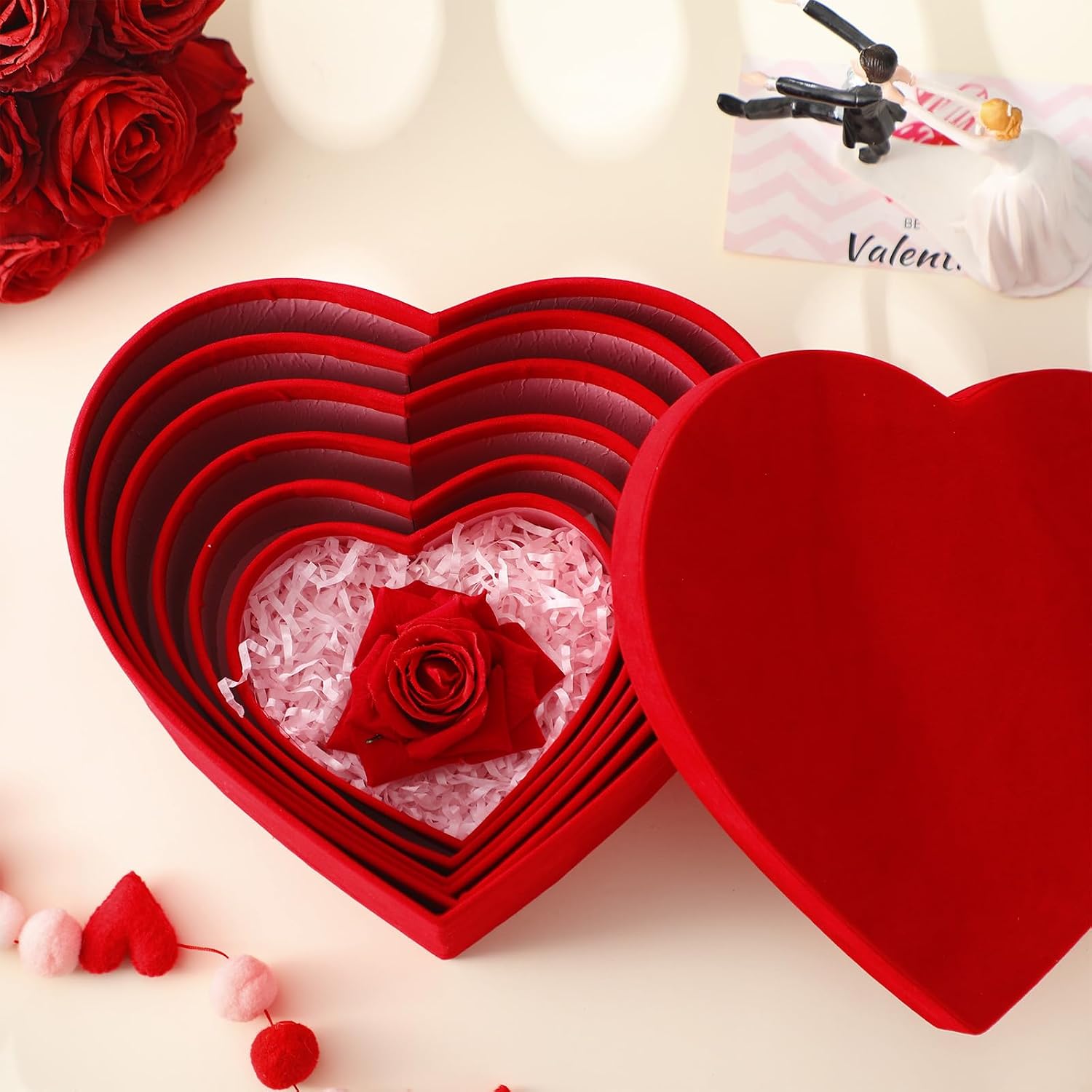 Cholemy 6 Pcs Valentine's Day Nesting Gift Boxes with Lids Valentines Velvet Gift Boxes Stacked Red Heart Design in 6 Assorted Sizes for Giving Decorative Wrapping Present