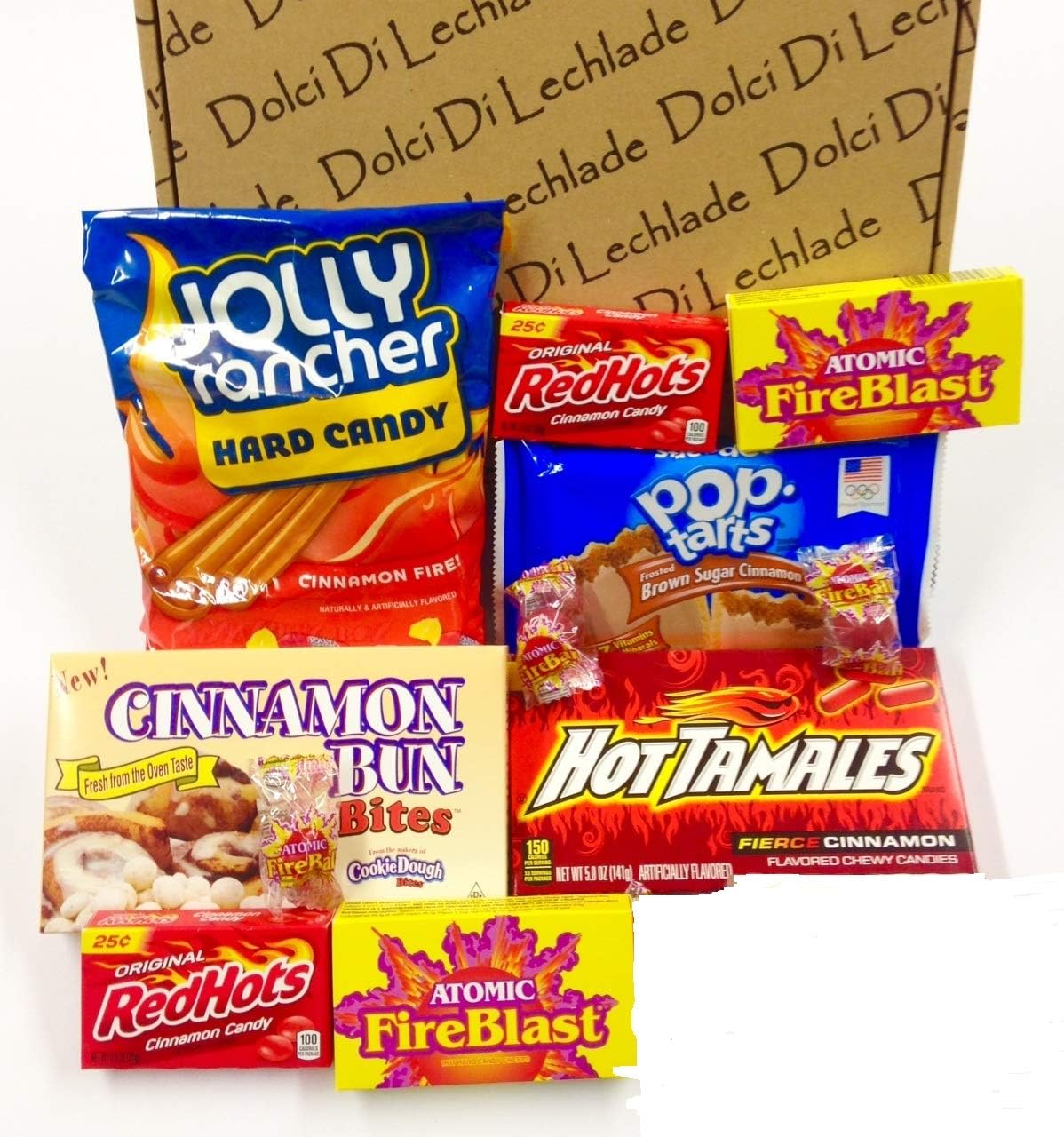 Cinnamon Gift Box Sweets and Snacks Candy by Dolci Di Lechlade - American Spicy Hot Tamales Atomic Fireblast Jolly Rancher Hamper