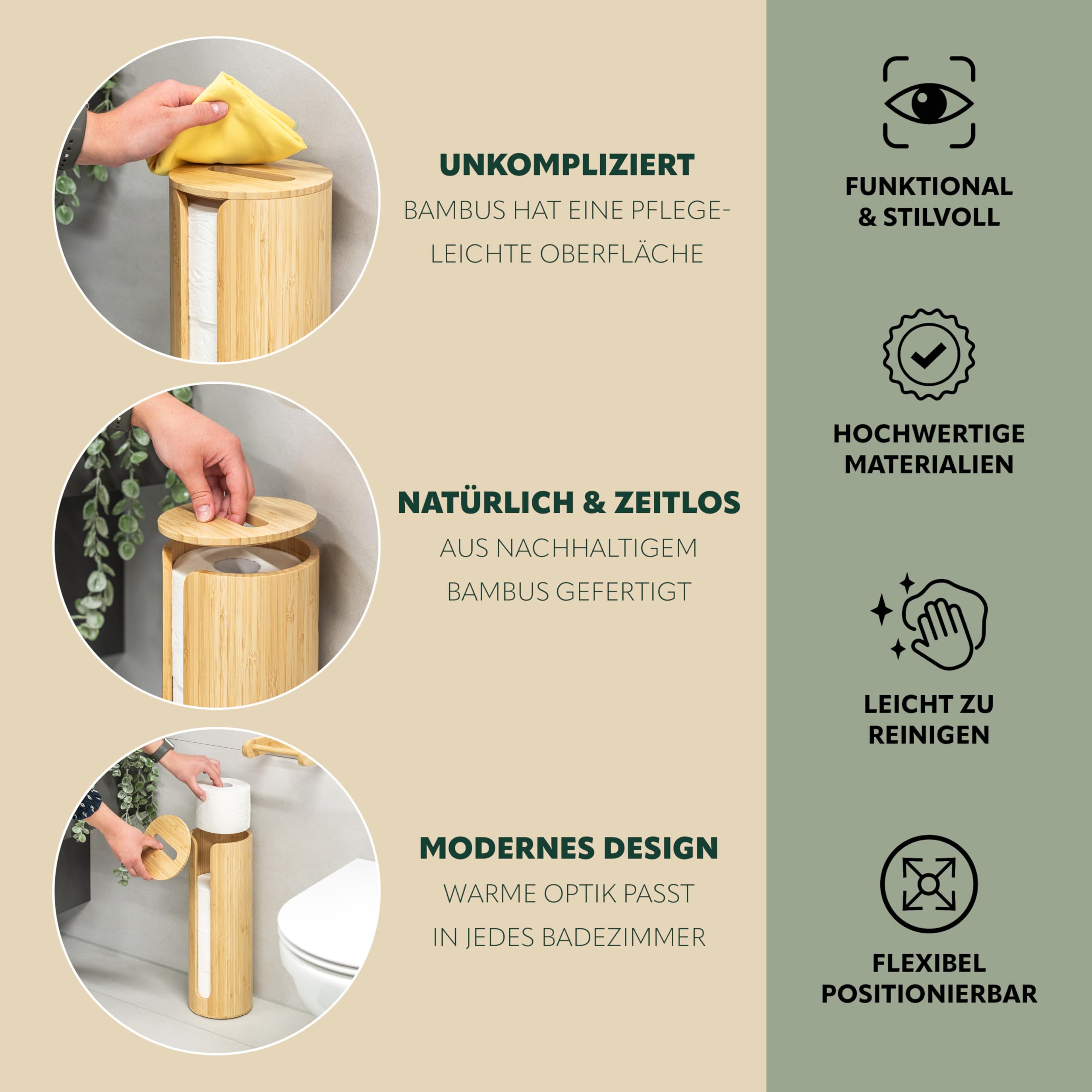 Eluno Rangement pour 4 rouleaux de papier toilette en bambou, porte-rouleau autoportant avec couvercle et étagère