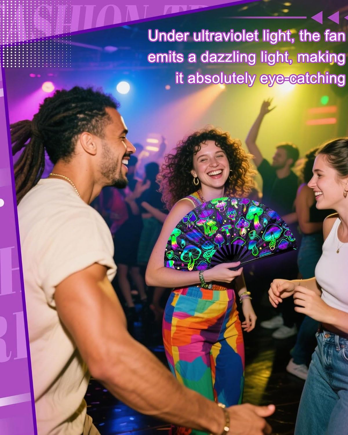 Abanico Plegable Glow Rave de Mano Grande para Bailar, Fiestas, Festivales