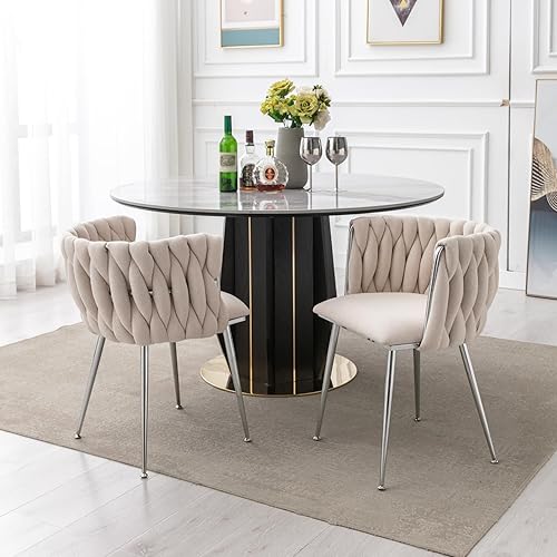 Miniatura 3 de HEAH-YO Juego de 2 sillas de comedor modernas, sillas laterales tapizadas de terciopelo tejido con respaldo de barril y patas de metal dorado,