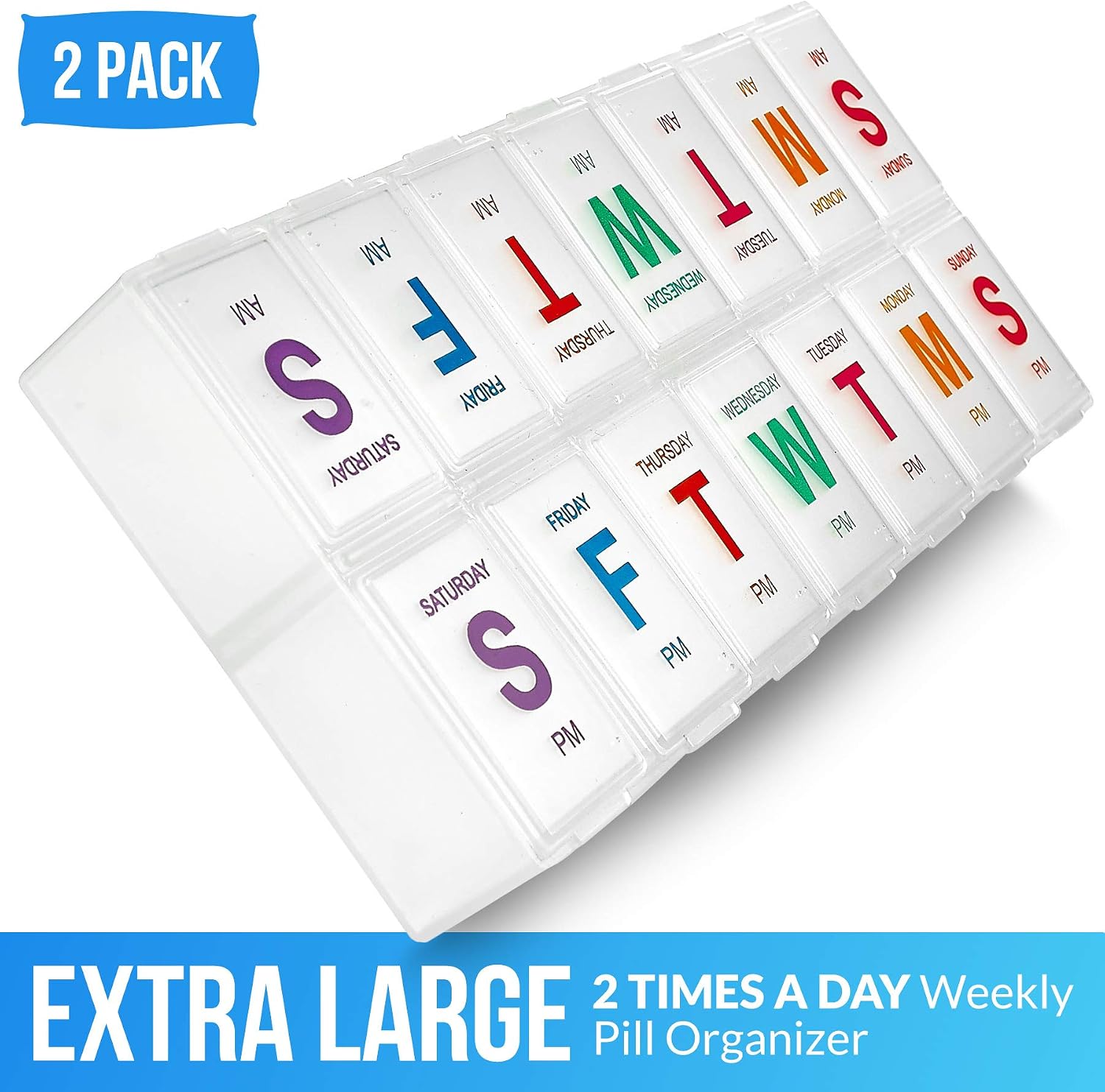 Large Weekly Pill Organizer, (2 Pack) AM PM Pill Box - Image 3
