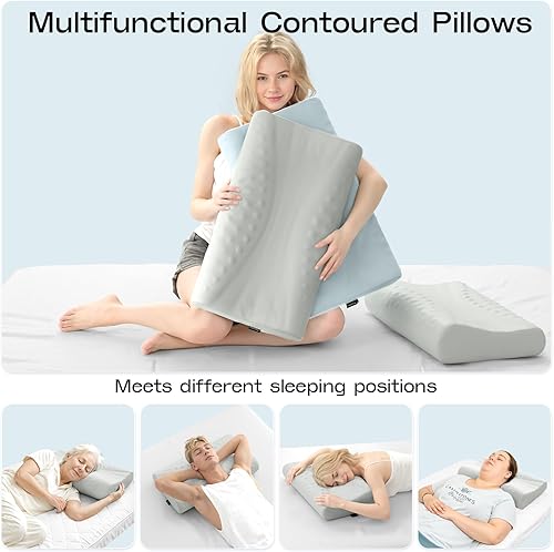Miniatura 7 de Almohada contorneada para soporte del cuello, 2 alturas, almohadas ergonómicas de espuma viscoelástica de contorno - Almohada refrescante para el
