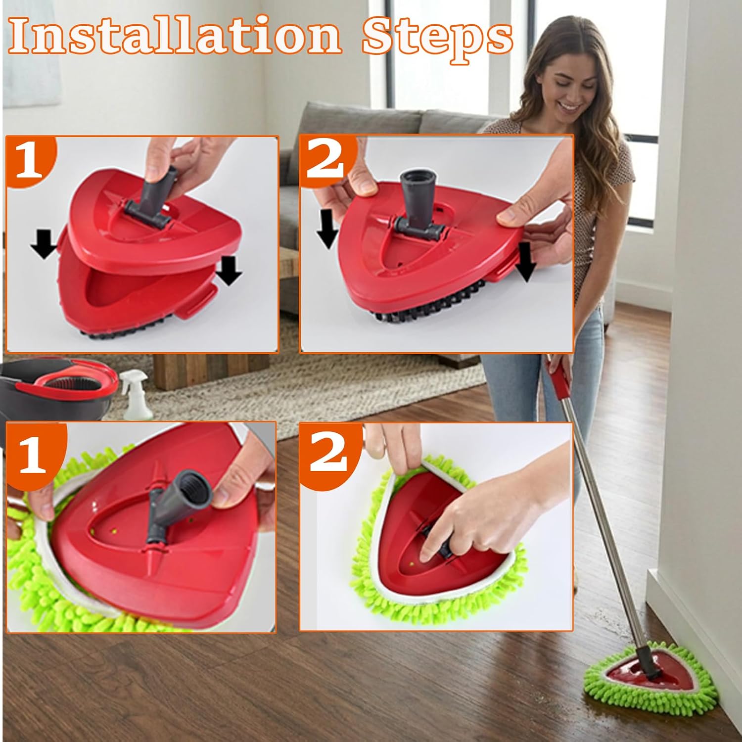 Mop Scrub Brush Replacement Head for Ocedar Easywring 1 Tank System, 2 Shower Floor Scrubber Hard Bristle Cleaning Brush, 1 Microfiber Chenille Pad Head for O Cedar Spin Mop