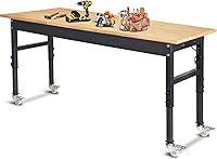 PolarAurora 60" Adjustable Height Workbench: Rubber Wood Top, 2000 lbs Capacity, Power Outlets & Locking Wheels for Garage Workshop